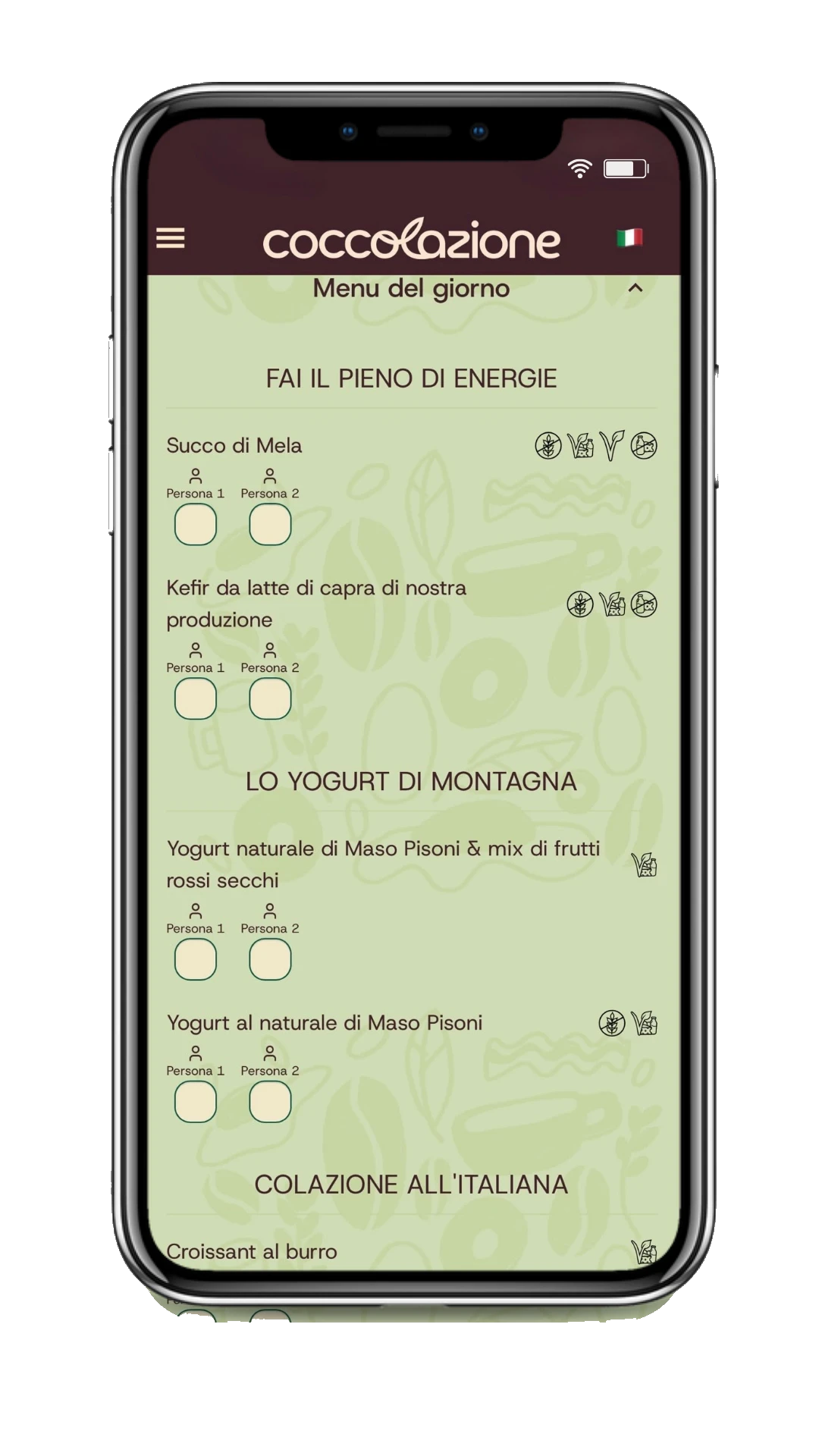 Il menù della colazione che visualizza il tuo cliente